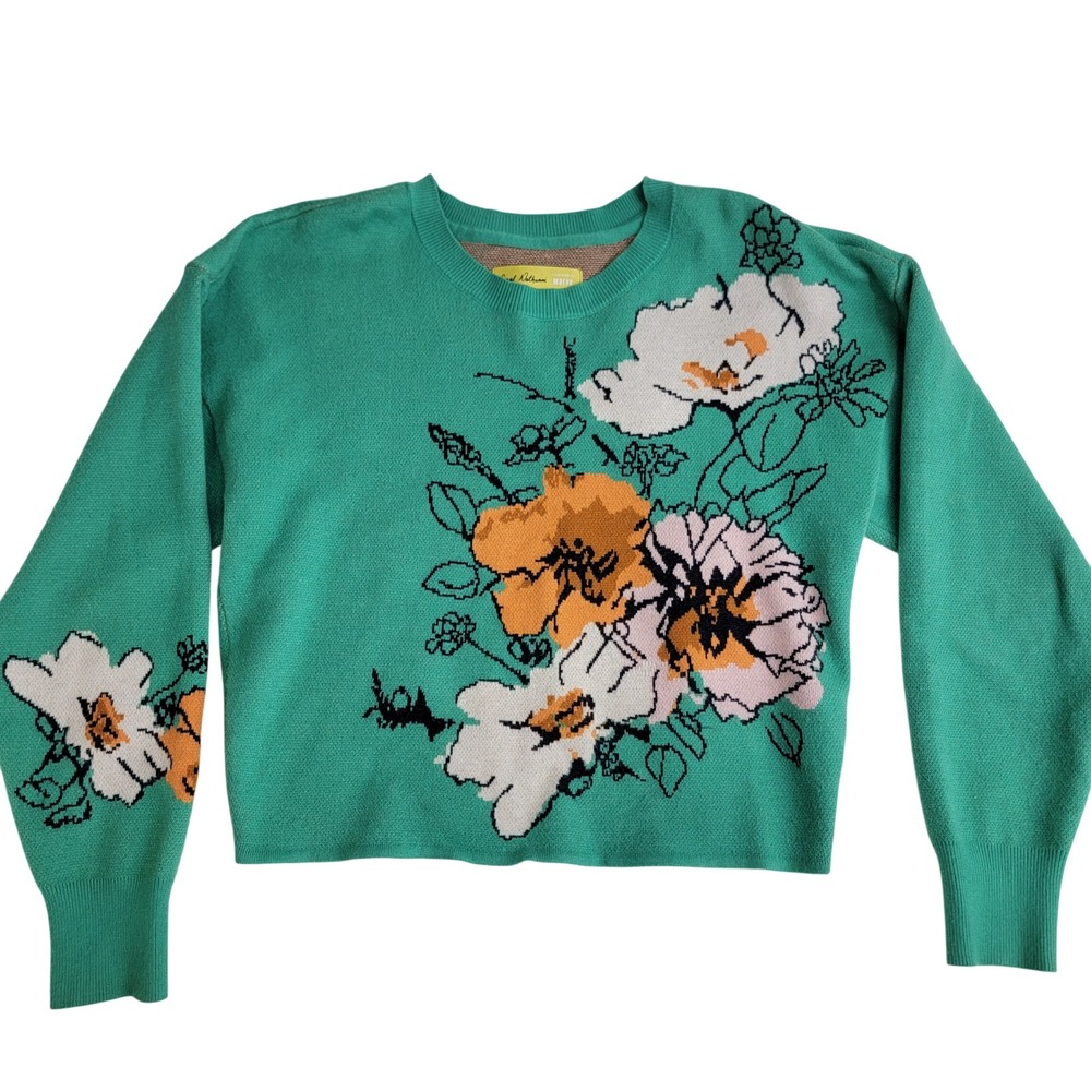 Anthropologie Maeve Sonal Nathwani Camryn Green Floral Knit Crewneck Sweater S